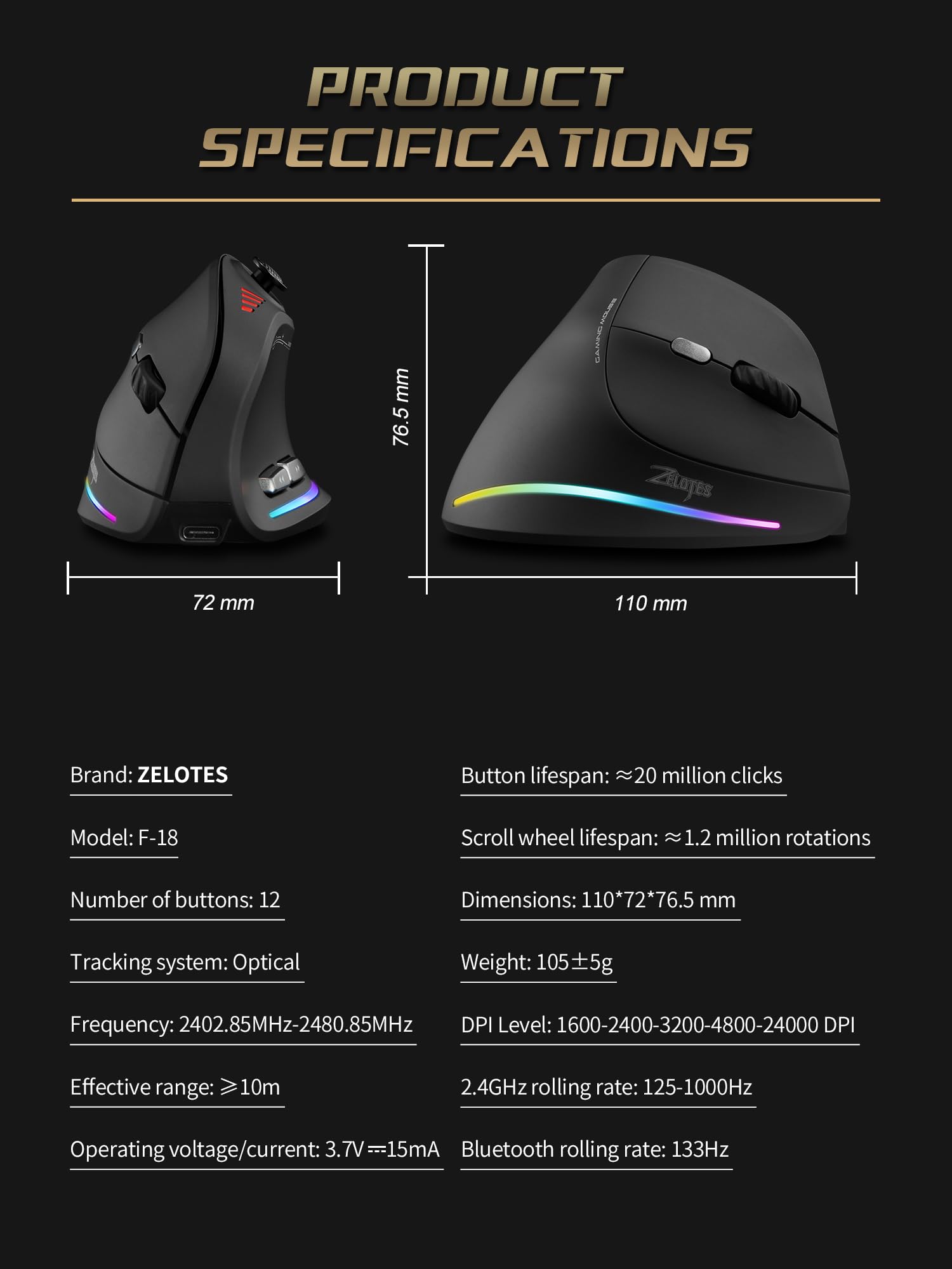 Souris Gaming Ergonomique Verticale sans Fil Souris Gamer Bluetooth/2.4G/USB Rechargeable 24000 DPI RGB 12 Boutons Programmables avec Joystick Souris Ergonomique Droitier pour PC Portable