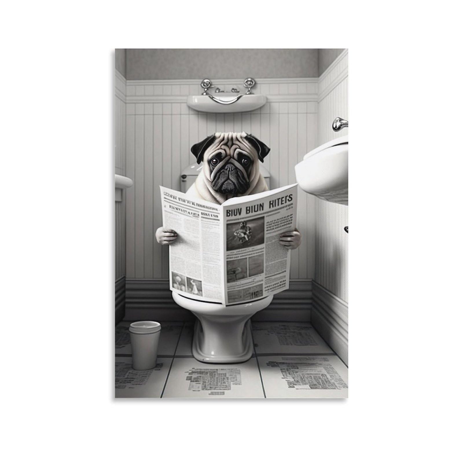 Qzfncoyu Unframe-Style Pug Sitting On Toilet And Reading Newspaper Funny Dogs Animal Art Poster Canvas Poster Wall Art Decor Print Picture Paintings For Living Room Bedroom Decoration 08X12inch(20X30cm)