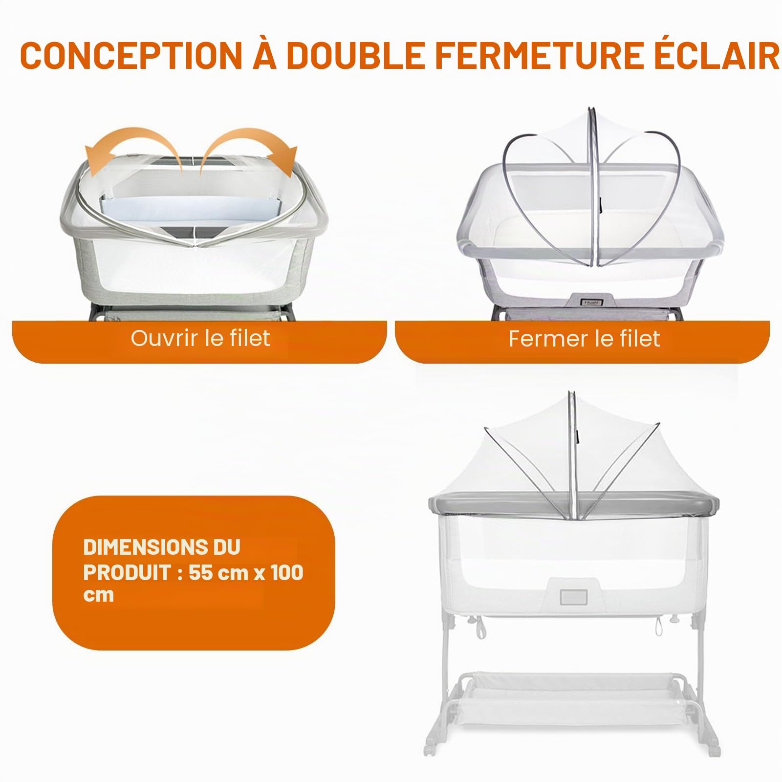Moustiquaire Universelle pour Lit De Voyage, Bébé Près De Berceau, Fermeture Éclair Silencieuse, Accès Facile, Maille Fine pour Enfants, 100×55×55CM (Blanc)