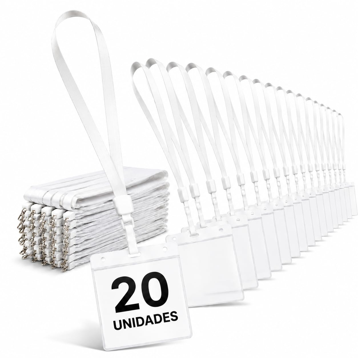 Pack 20 Porta Tarjetas Identificativas con Lanyard Blanco y Funda Transparente de 110x80mm | Portatarjetas Colgante para Credenciales, Oficina, Eventos y Acreditaciones (Pack 20)