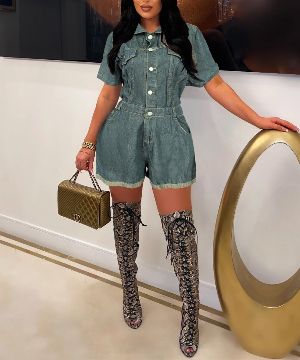 Femmes Haute Taille Manches Courtes Denim Combinaison Lavé Revers Jean Shorts Rompers