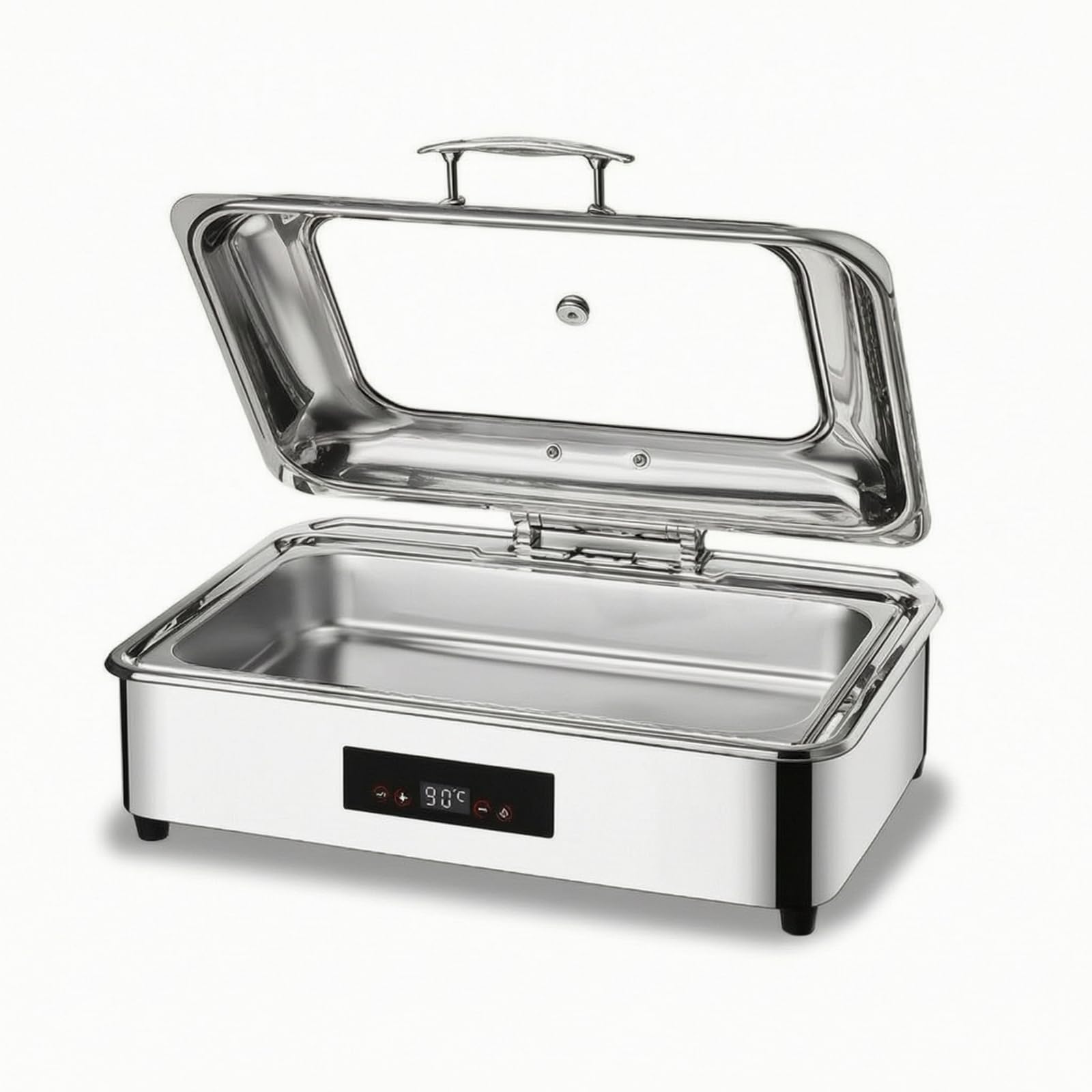 Chauffe Plat Électrique Réchaud Chauffe Buffet Plat Bain Marie Corps Miroir en Acier Inoxydable avec Couvercle, Rectangulaire, Cadre De Luxe Affichage Numérique À Compartiment Unique