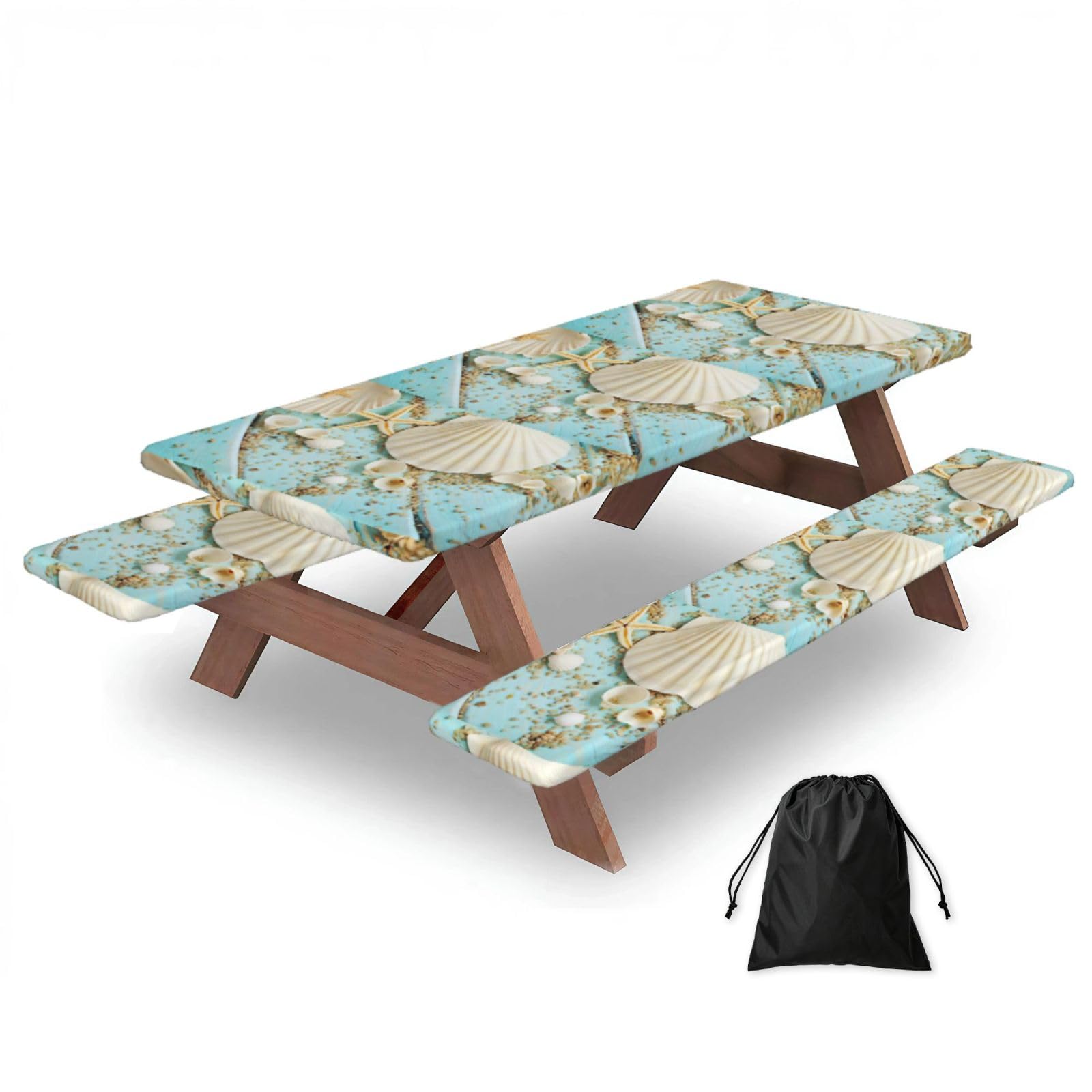 Yqxwjl Black Ocean Sea Beach Seashells Starfish Blue Print Camping Essentials Waterproof Camping Table And Bench Cover With Drawstring Bag 183 Cm