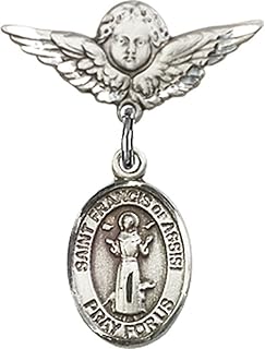 Sterling Silver Baby Badge with St. Francis of Assisi Charm and Angel w/Wings Badge Pin 7/8 X 3/4 inches