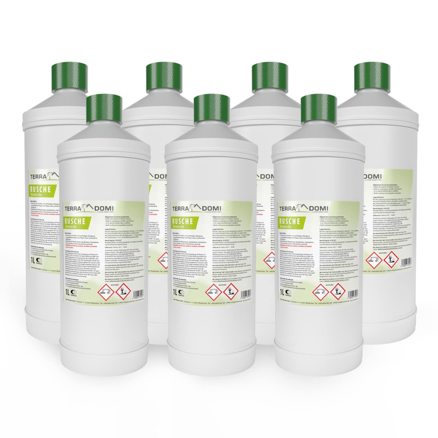 TerraDomi Rusche Steindusche, 7 x 1Liter, Steinreiniger für bis zu 2800 m², Reinigungsmittel für saubere Wege & Plätze, Wegerein, biologisch abbaubar