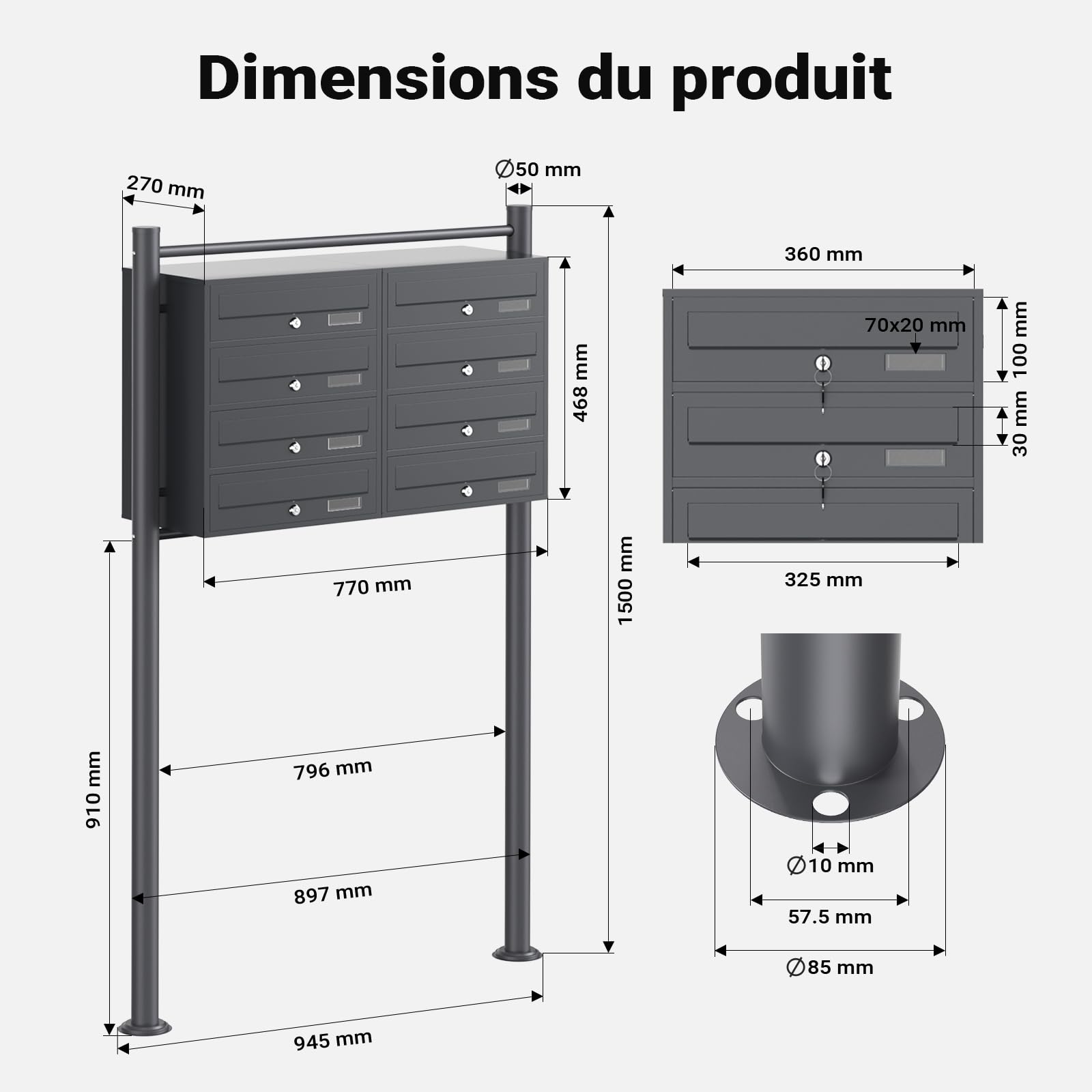 Wiltec Boîte aux Lettres sur Pieds Gris Anthracite 945 x 270 x 1500 mm, avec 8 Compartiments verrouillables 2x4 et Porte-nom, Revêtement en Poudre, pour Courrier