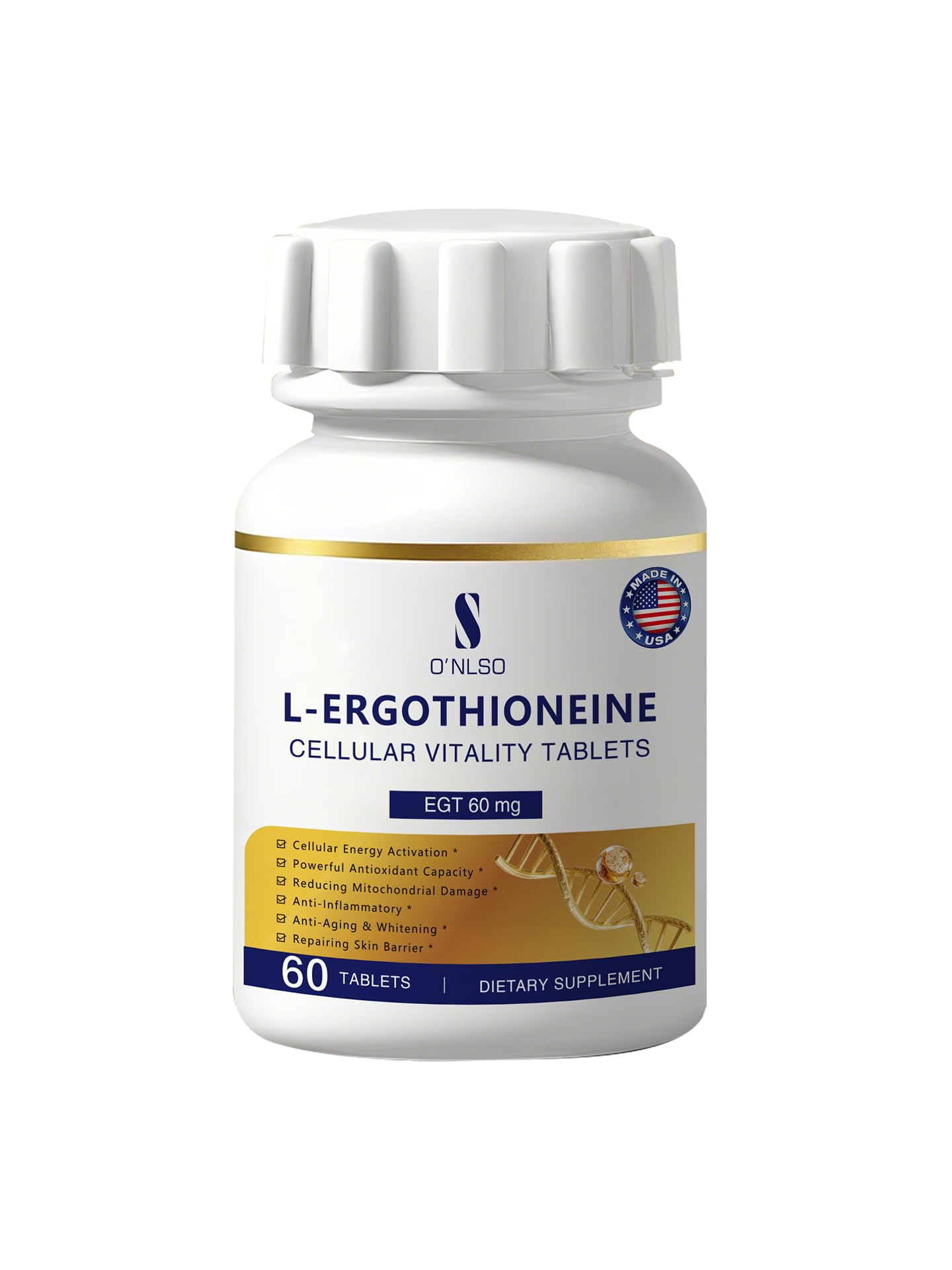 O'NLSO L-Ergothioneine Supplement 30mg with Collagen Tripeptide 720mg, Healthy Aging & Anti Aging Support, Antioxidant Formula for Skin Brightening & Cellular Vitality, Made in USA, 60 Tablets 60 Count (Pack of 1)
