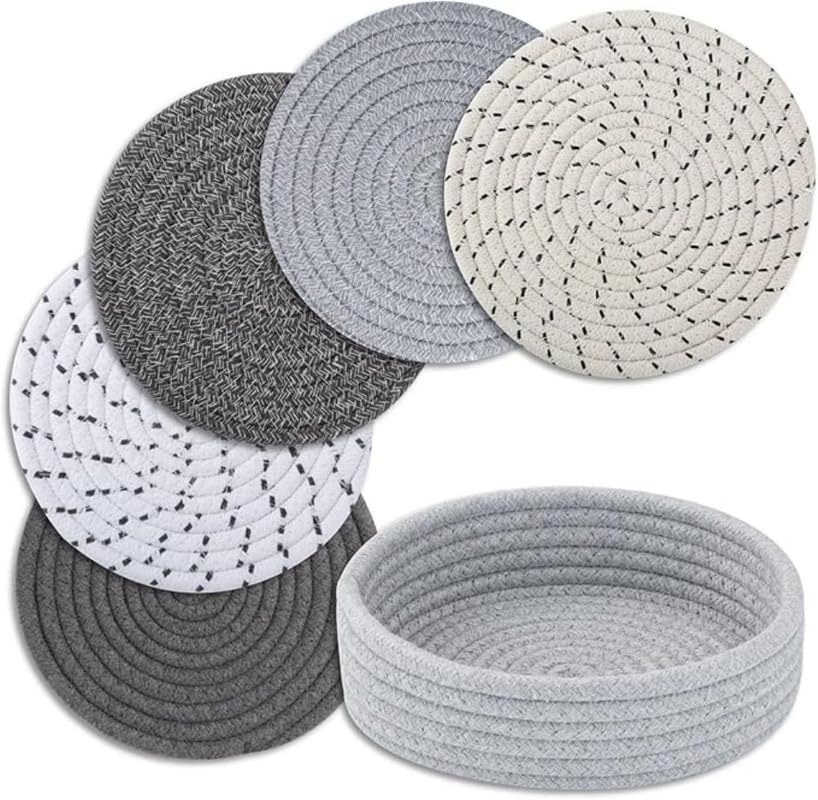 Image of Mansa for Hot Dishes, Pots and Pans, Hot Pads with Storage Basket, Pot Holders for Kitchen, Heat Resistant Mat Protect Counter Home Essentials, Farmhouse Decor (Pack of 5 with Cover) Multi Grey