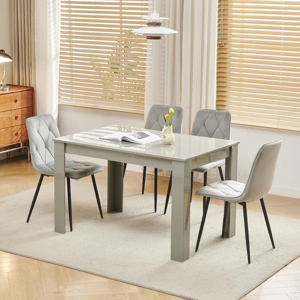 Homullel 5 Piece Dining Room Table and Chairs Set for Dining Room, Modern 120cm Grey High Gloss Dining Table with 4 Grey Velvet Chairs for Family Dinner Set Space Saving