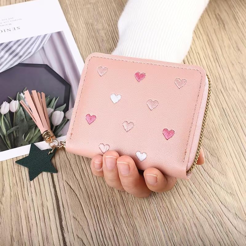 1Pc Blue Pink Cute Wallet with Zipper PU Leather Wallet Credit Card Holder Small Travel Wallet with Heart Embroidery Star Tassels Pendant for Womens3