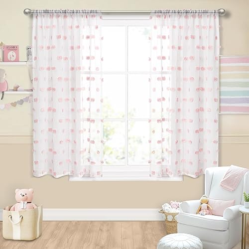 Miniatura 2 de MYSKY HOME Cortinas blancas con pompones para sala de estar, cuarto de bebé, cortinas traslúcidas para dormitorio de niñas, cortinas de ventana de