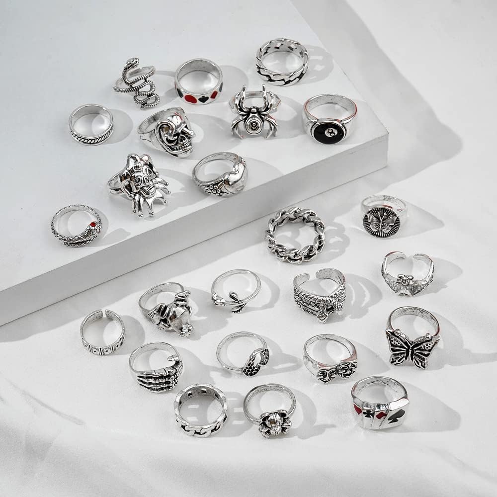 Miniatura 8 de KISS WIFE Vintage Silver Goth Punk Rings Set for Men Women Girls Cool Gothic Ring Pack Chunky Stackable Knuckle Finger Rings Bulk Adjustable Open