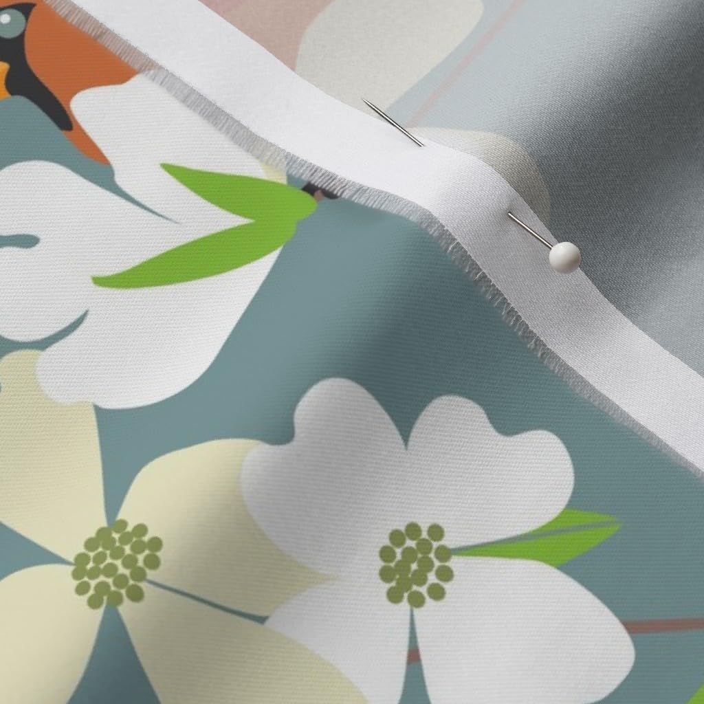 Spoonflower Fabric - Spring Dogwood Floral Birds Blooms Cardinal Bird Sky Printed on Organic Cotton Sateen Fabric by The Yard - Sewing Quilting Apparel Home Decor