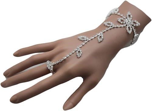 Vista 4 de TFJ - Pulsera de muñeca con cadena de mano para mujer, diseño de flores y esclavos, cuentas florales plateadas, Metal