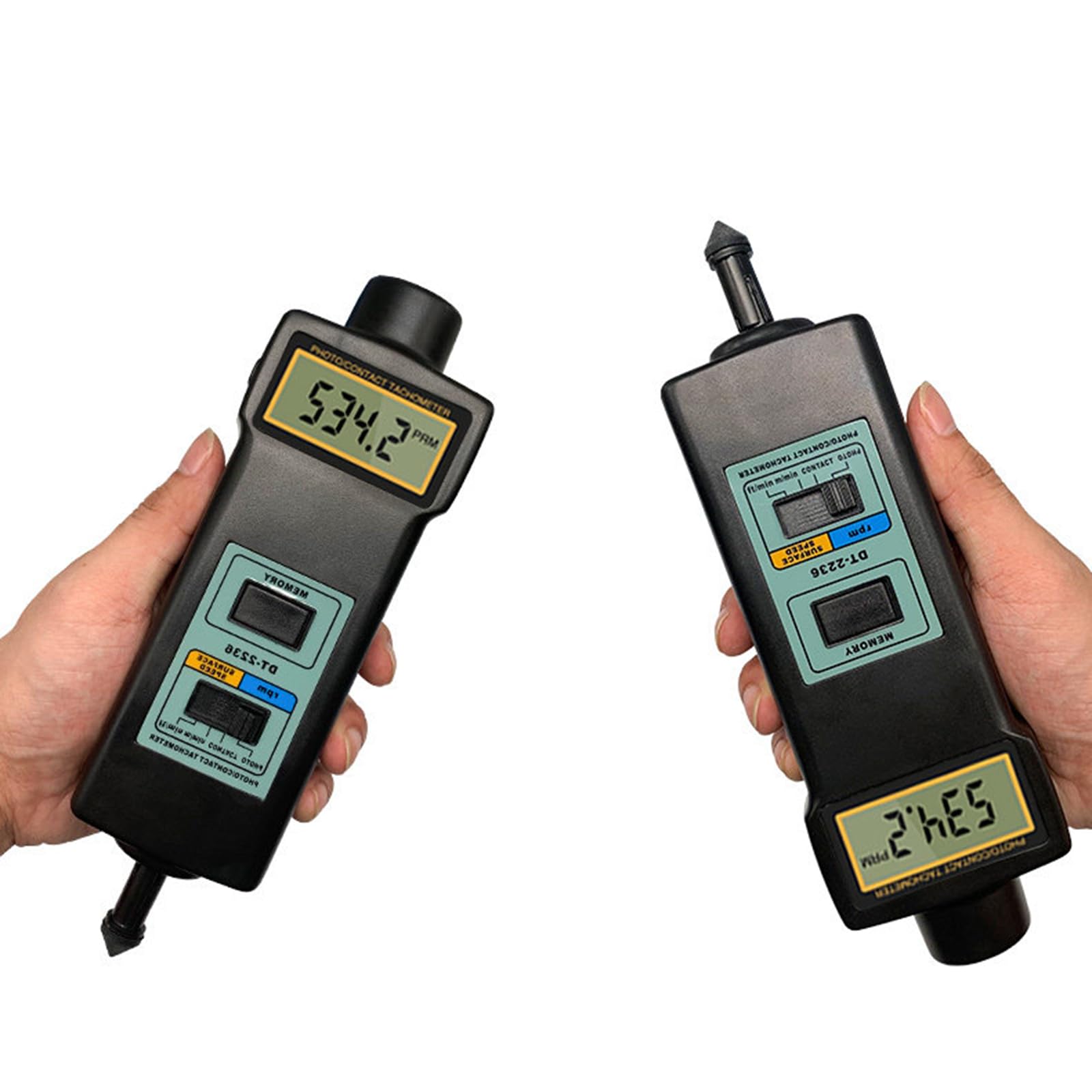 Tacómetro digital, medidor de RPM de contacto y sin contacto 2 en 1, fotosensor láser sin contacto, medición de velocidad lineal (m/min, pies/min), con sonda de 4 piezas, pantalla LCD