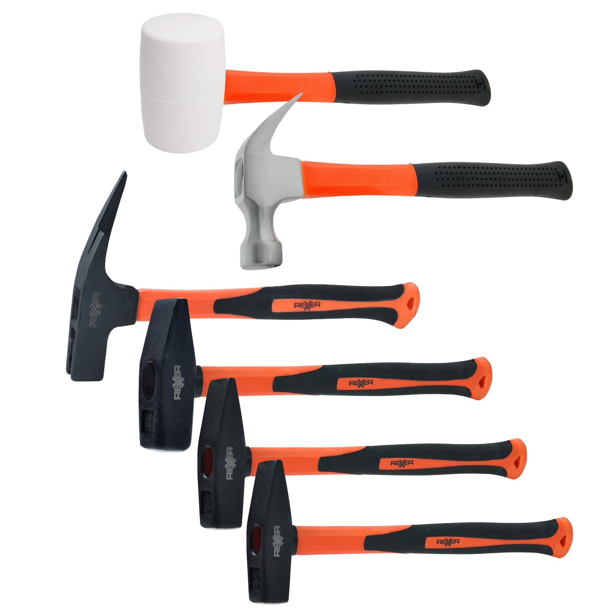 REXXER Hammer Set mit Fiberglasstiel – Profi Hammer Sets für Werkstatt, Montage und Heimwerker (6-tlg. | Mix)