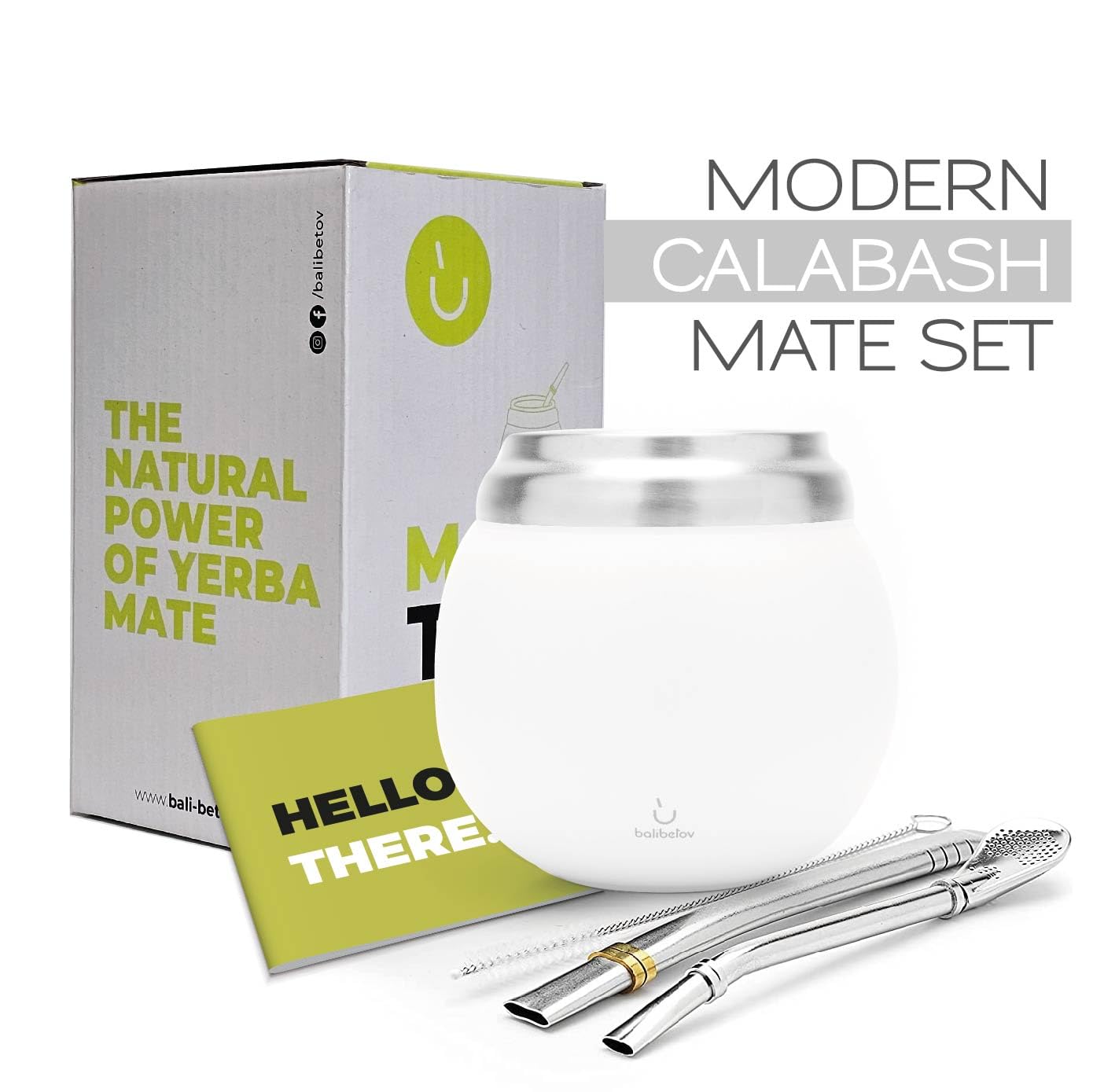 BALIBETOV Kit Yerba Mate - Comprend une Tasse Maté et un Ensemble Bombilla - Gourde en Acier Inoxydable à Double Paroi Thermique et Ensemble Bombilla (Paille à Maté) (Blanc)