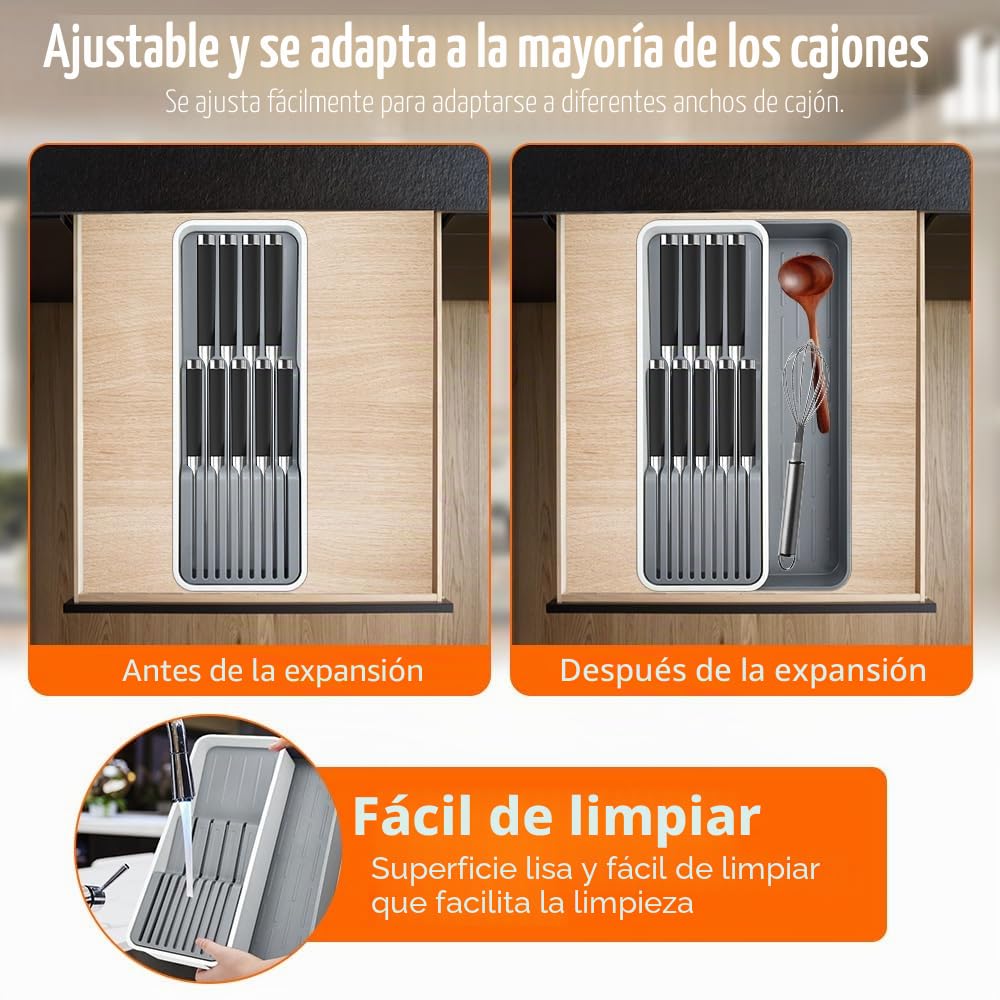 HEKOBAG Organizador de Cuchillos para Cajón 2 Niveles - Portacuchillos de Cocina para 9 Cuchillos, Bloque Horizontal Expandible - Gris