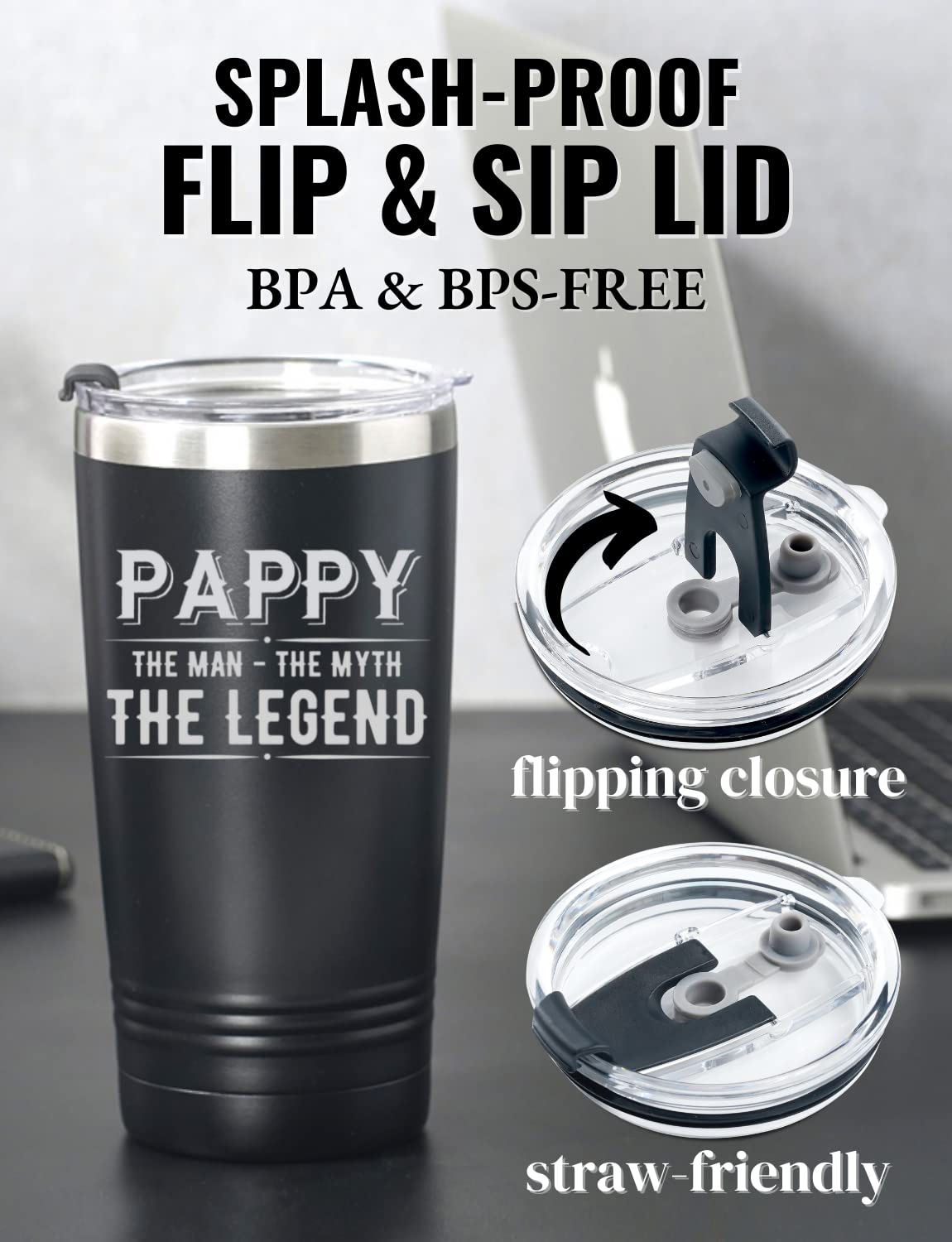 Onebttl Pappy Gifts Tumbler from Granddaughters and Grandsons for Christmas Birthday Father's Day, Stainless Steel Cup with Lid, 20oz/590ml - The Man The Myth The Legend