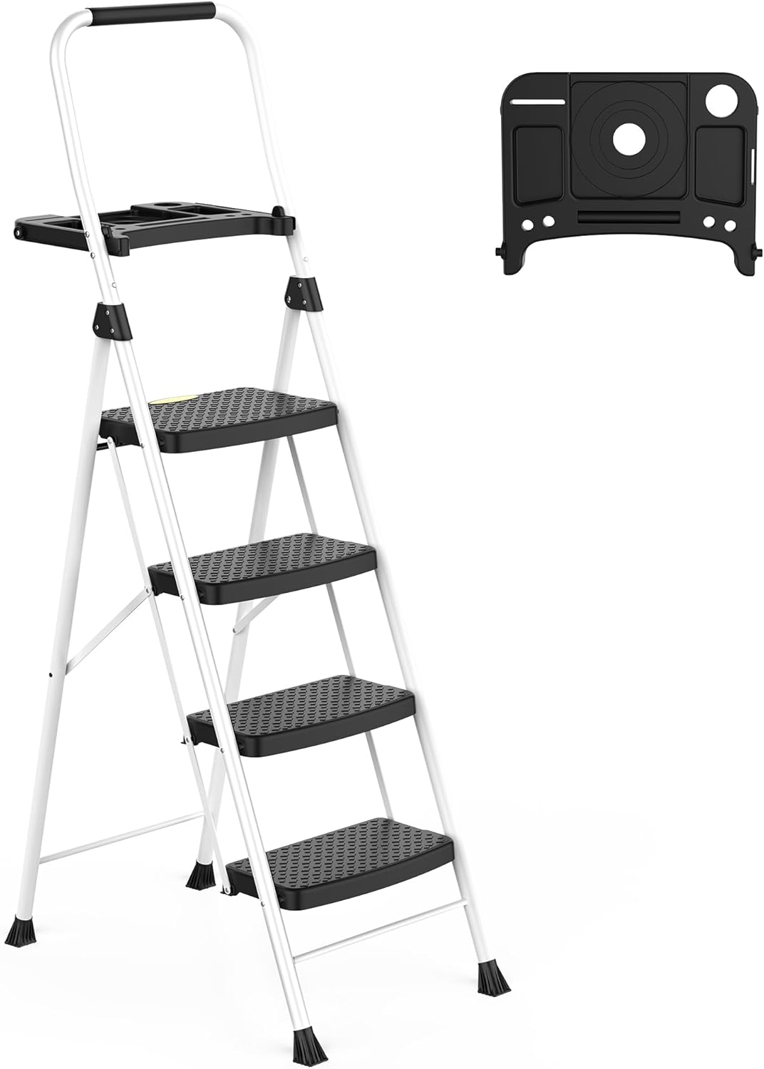 HBTower 4 Step Ladder, Folding Step Stool with Tool Platform, Convenient Handgrip Sturdy Steel Ladder, 330lbs/150 kg Max Load, White