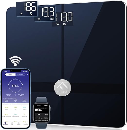 FITINDEX Wi-Fi Scale for Body Weight, Smart Scale with BMI, Body Fat, Muscle Mass, Digital, Bluetooth, Bathroom,13 Body Composition Analysis Health Monitor, FSA HSA Eligible