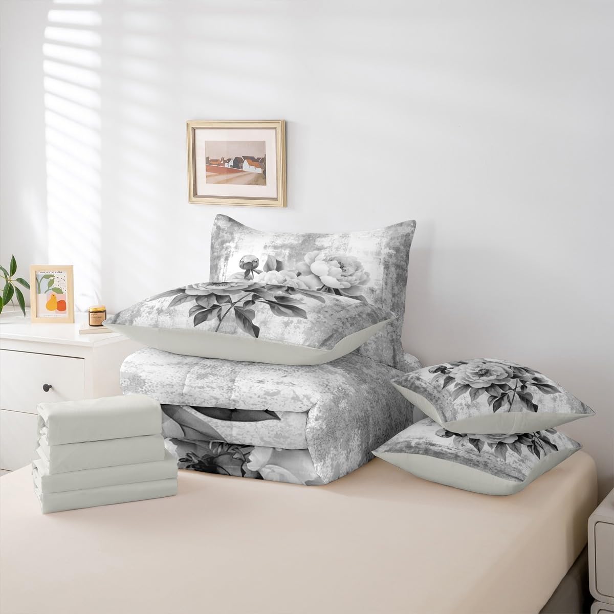 Watercolor Peony Floral King 7-Piece Bedding Set Abstract Oil Painting Comforter Set with Sheets Rustic Farmhouse Bed in a Bag with Flat and Fitted Sheet Gray White Flowers Bedding Sets & Collections