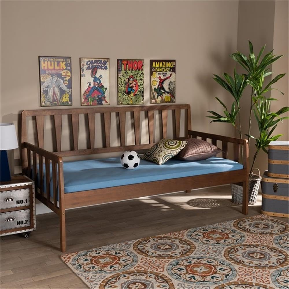 BOWERY HILL Twin Size Daybed, Solid Rubberwood and MDF Wood, Walnut Brown Finish, Tapered Slatted Panels, Modern Transitional Style, Sturdy Sofa Bed for Guestroom or Child’s Room, 79.1 in Wide