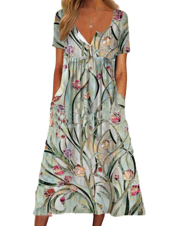 LOAIHA Women's Short Sleeve Boho Floral Print Maxi Dress Summer V Neck Casual Loose Dress with Pockets