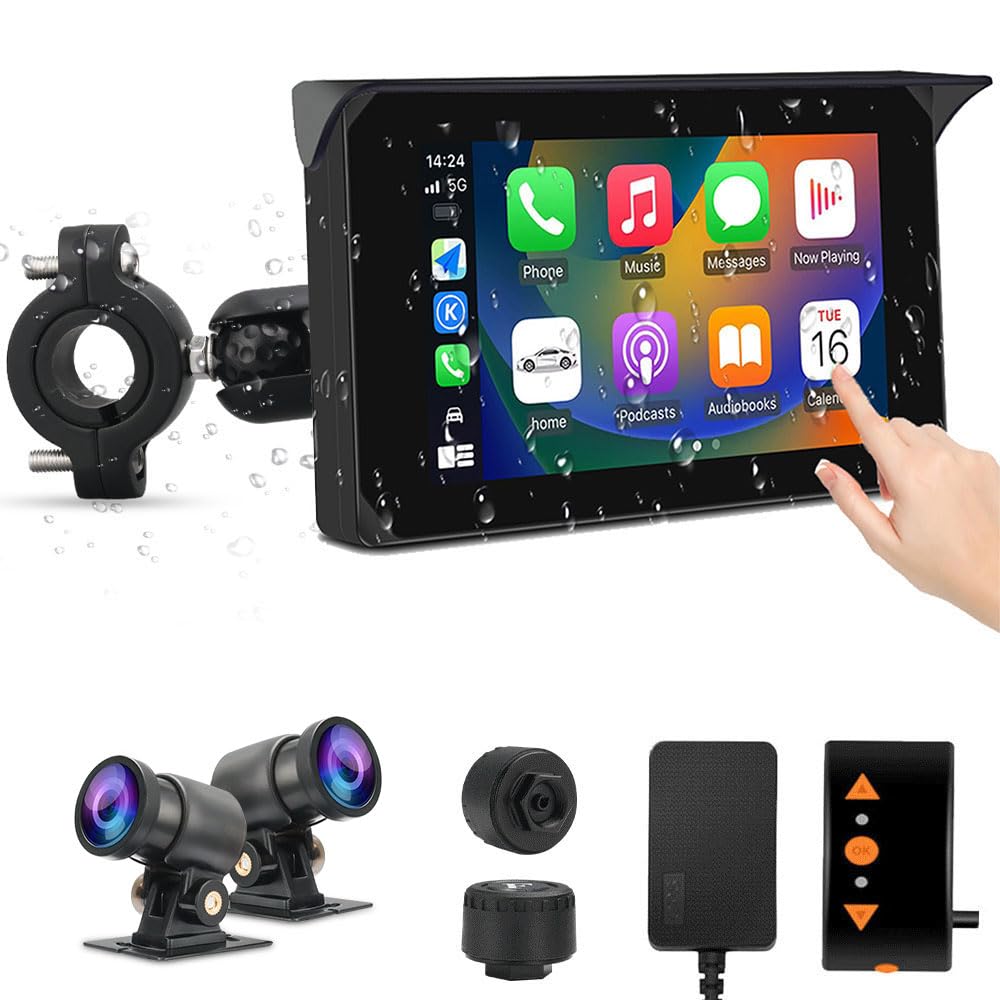 VSYSTO bezprzewodowa kamera samochodowa CarPlay do motocykli z ekranem dotykowym 5", nawigacją GPS, monitorowaniem parkowania, WiFi, przednią i tylną kamerą 1080p oraz czujnikami ciśnienia w oponach