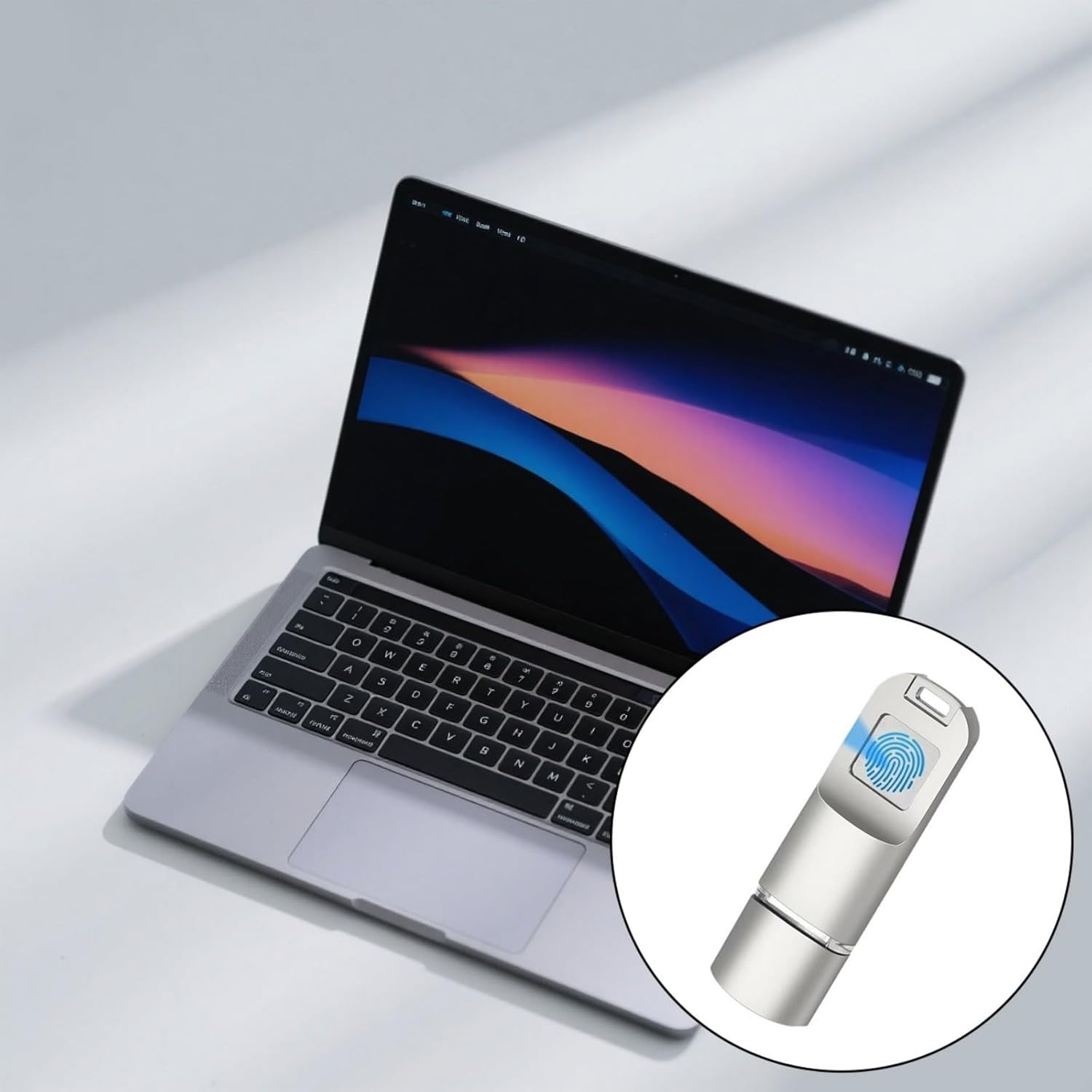 Limtula Type-C Fingerprint Flash Drive connected to a laptop