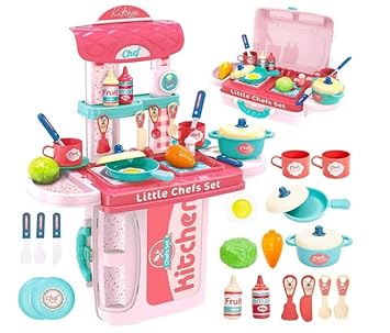 FATFISH Plastic 3 in 1 Portable Pretend Food Party Role Cooking Kitchen Play Set Toy for Boys and Girls
