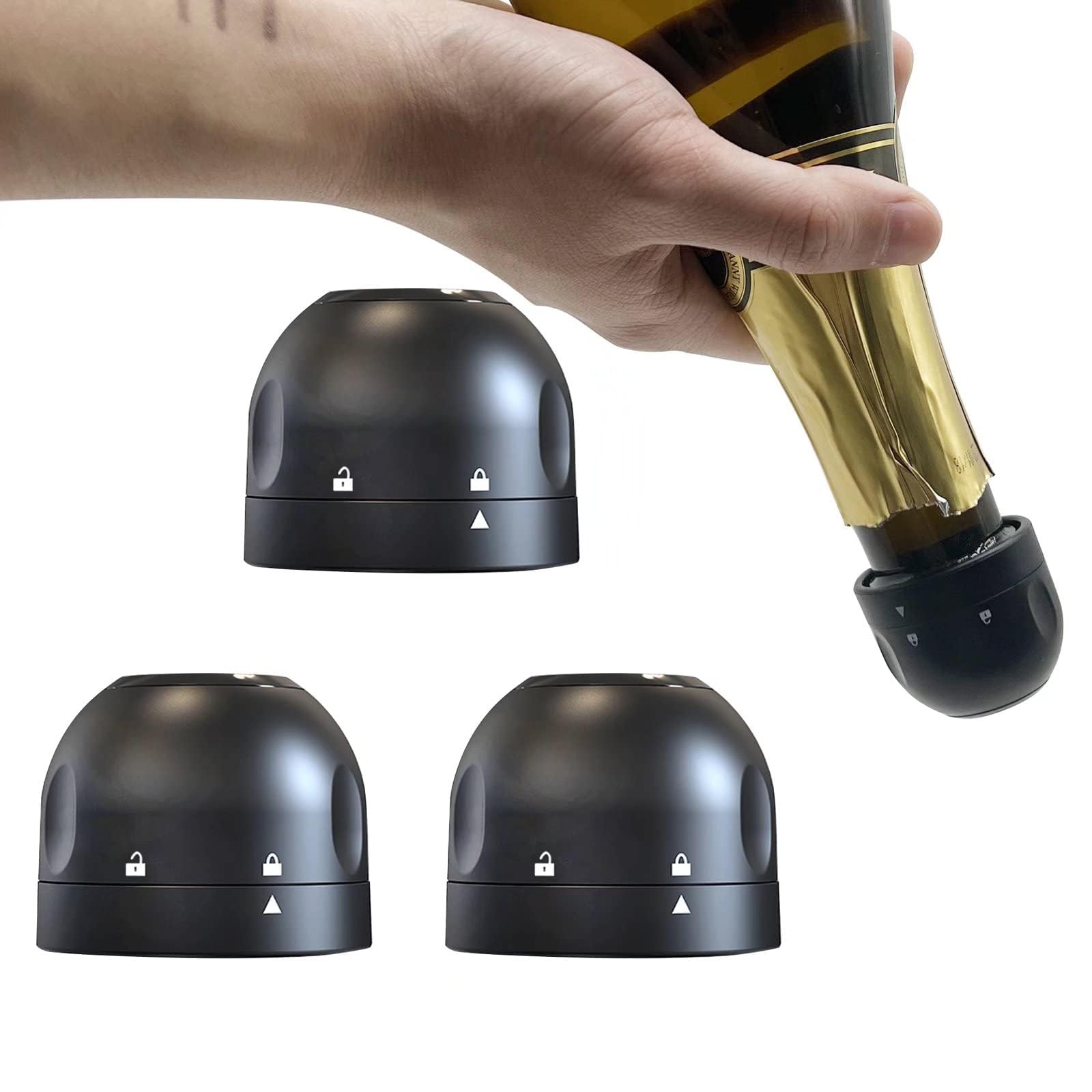 KASTWAVE Champagne Stopper 3Pack Black, Leakproof Champagne Stoppers, Professional Champagne Saver Bottle Stopper, Keep Champagne Fresh Perfect for Champagne, Cava, Prosecco & Sparkling Wine