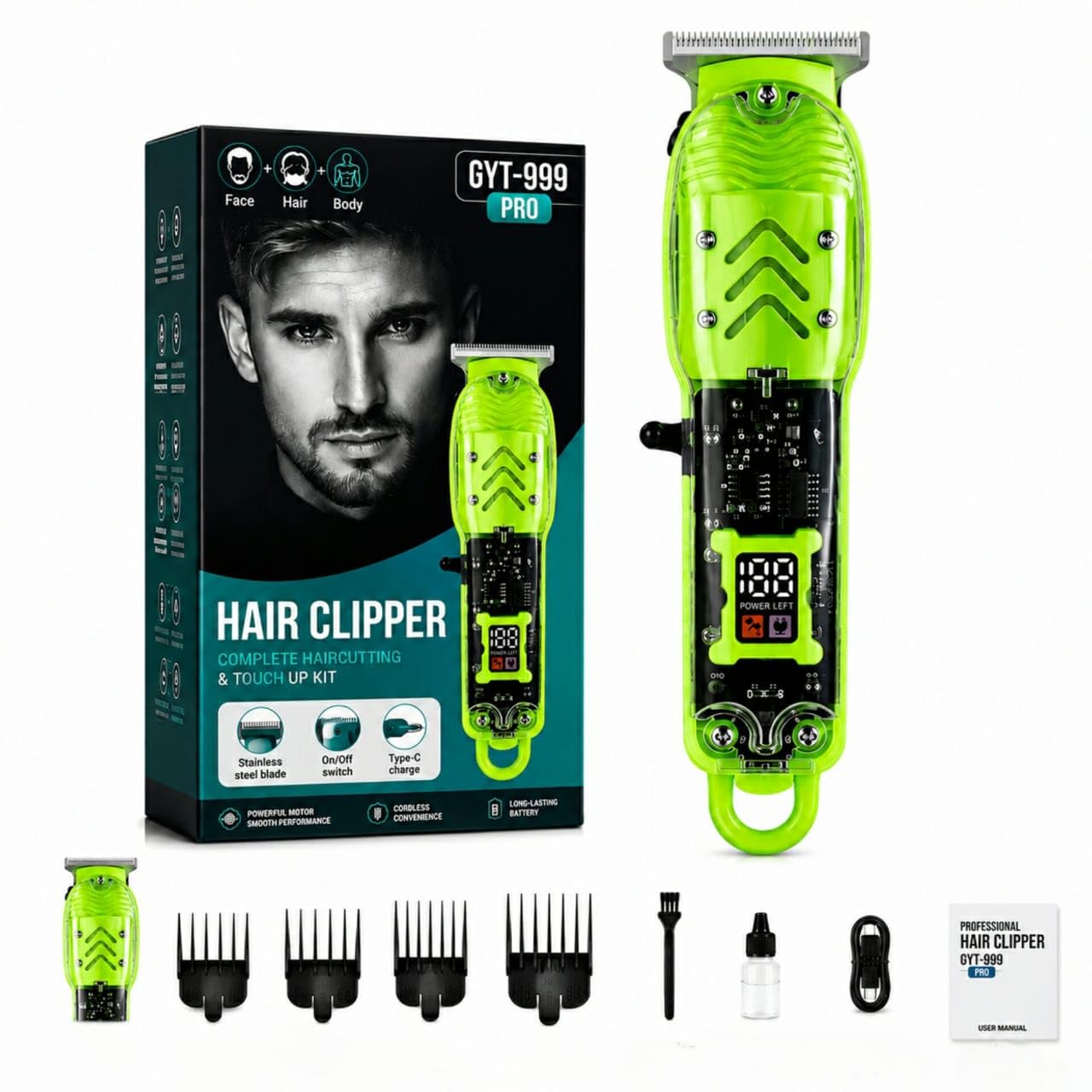 GYT-999 Pro Hair Clipper & Trimmer Kit, Stainless Steel Blade | LED Digital Display, Type-C Charging, 4 Guide Combs, Cordless Trimmer, Face, Hair & Body-image-48