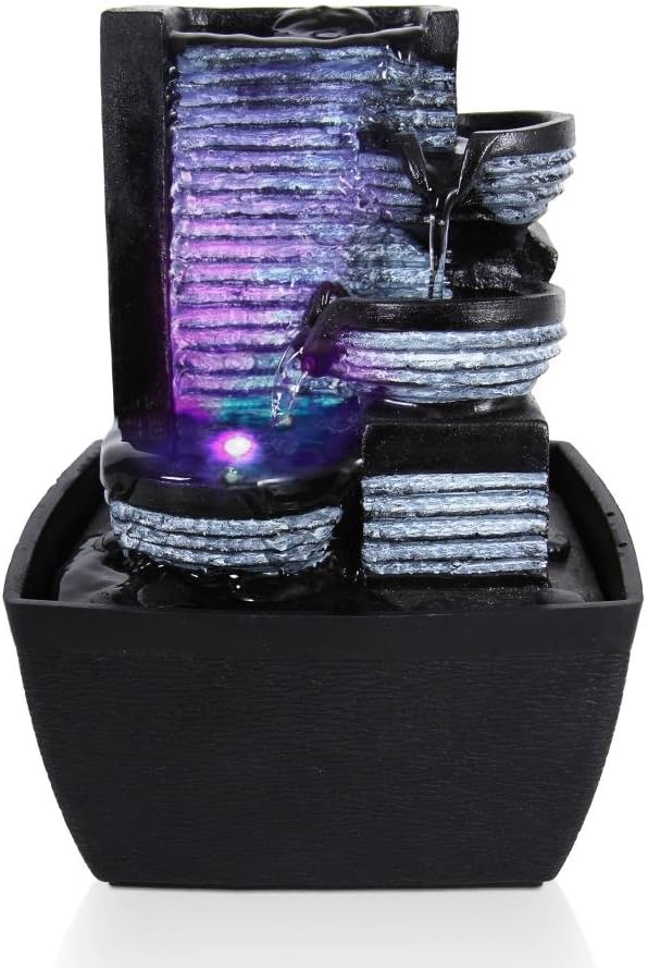 SereneLife 3-Tier Desktop Electric Water Fountain Decor w/ LED - Indoor Outdoor Portable Tabletop Decorative Zen Meditation Waterfall Kit Includes Submersible Pump & 12V Power Adapter - SLTWF58LED