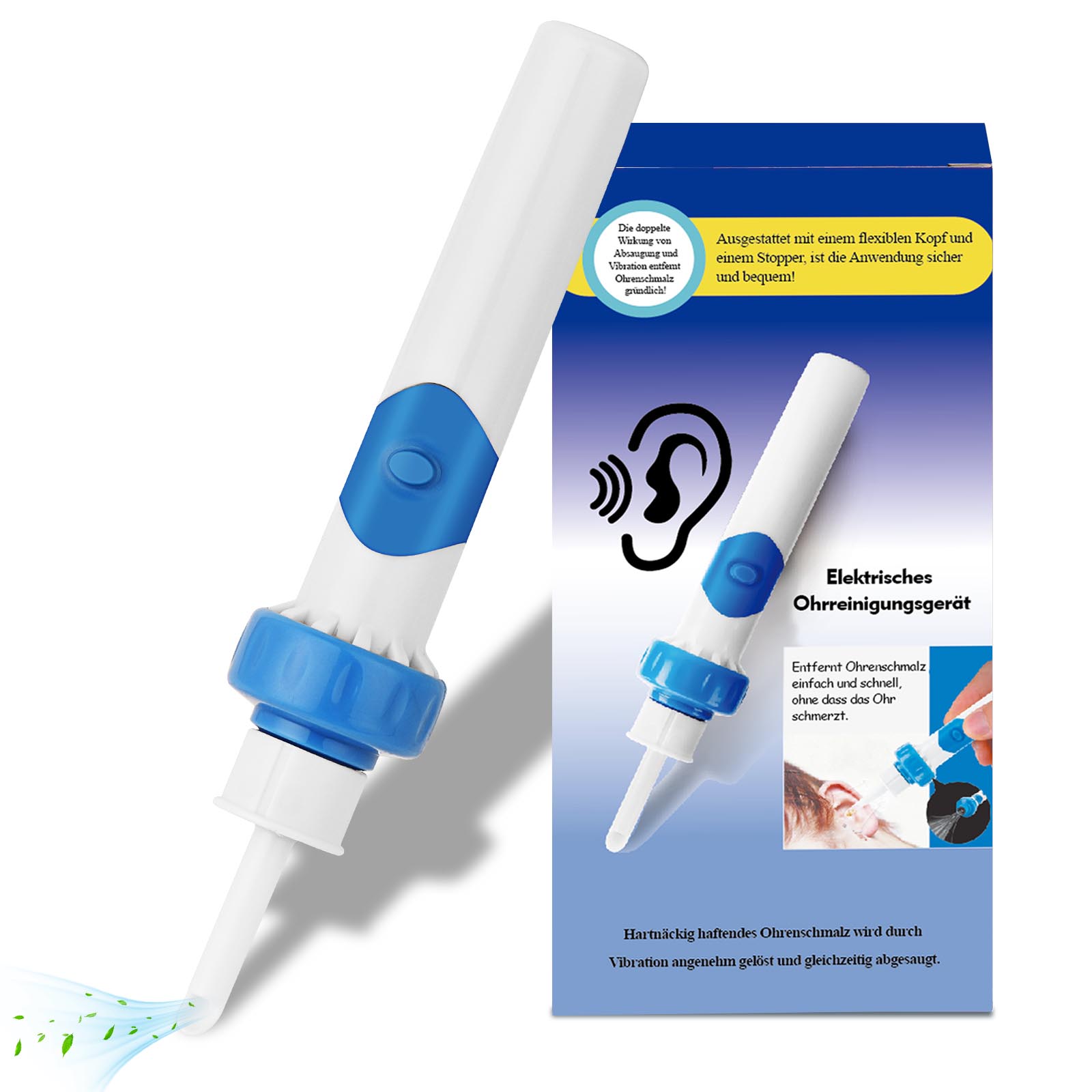 Ohrenschmalz Entferner Sauger, Oroclear Ohrenschmalz Ohrenreiniger,Elektrischer Ohrenschmalz Entferner mit Sauger und Waschbaren Ersatzköpfen,Zubehörset für Familien,Himmelblau