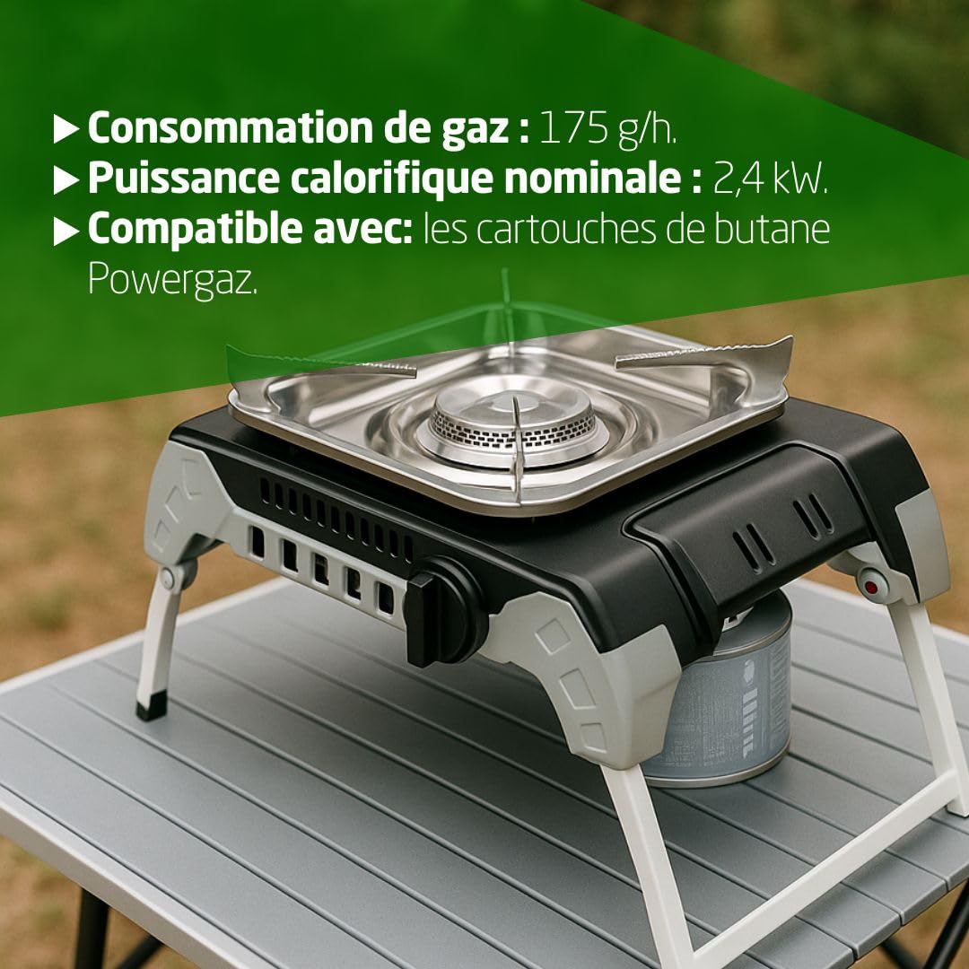 Amig – Camping Gas Möunt - Réchaud à Gaz Portable pour l’Extérieur – avec Support en Acier Inoxydable et Régulateur de Flamme – 2,4 kW de Puissance – Excursions et Camping – Certifié CE
