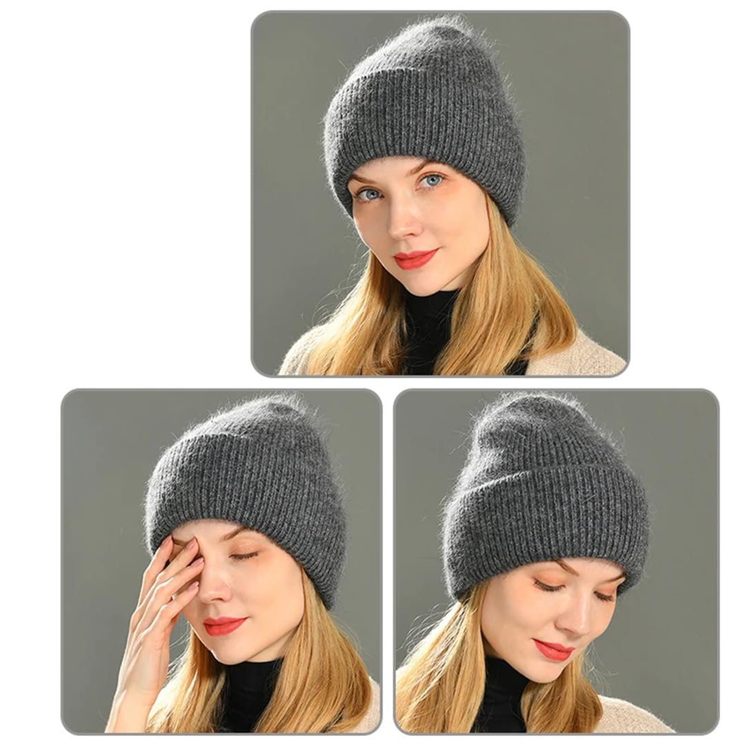 Gorro De Invierno Para Mujer, Gorro Tejido De Cachemira Con Doble Pliegue, Gorros De Piel Larga, Gorro Cálido