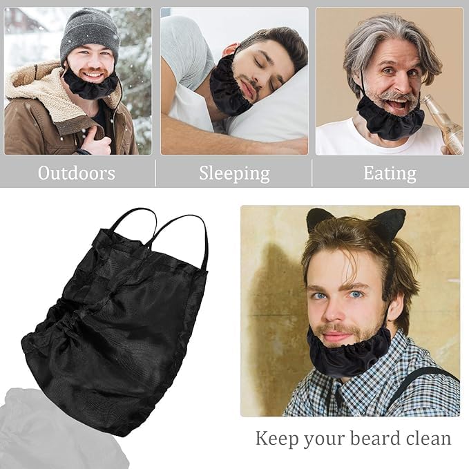 Beard Bandana, 6 Pack Men Beard Bib Black Beard Covers Soft Comfortable and Silky Satin Facial Hair Apron Guard Bonnet Rag Man Bedtime Bib Beard Cap Ear Beard Bandana