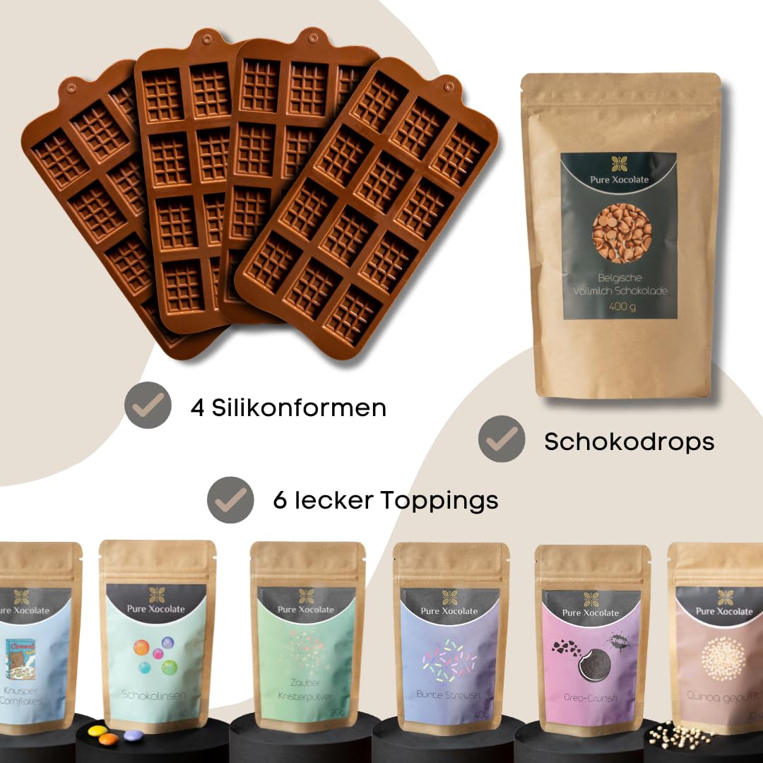 Pure Xocolate – Schokolade selber machen – Kreativset für 4 Kinder – inkl. 400g Schokolade, 6 bunte Toppings & Silikonform – Kindergeburtstag drinnen – DIY Set (Volle Größe, Mini-Tafel-Silikonform)