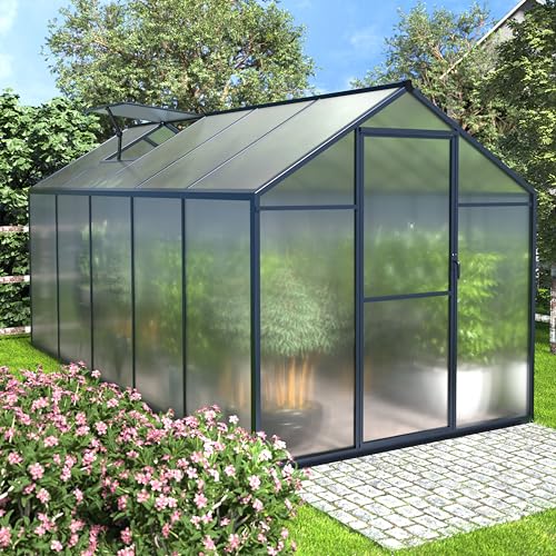 6×10 FT Polycarbonate Aluminum Greenhouse Kit for Outdoor Walk in Green House with Lockable Door and Adjustable Roof Vent Backyard Garden in Winter Gray