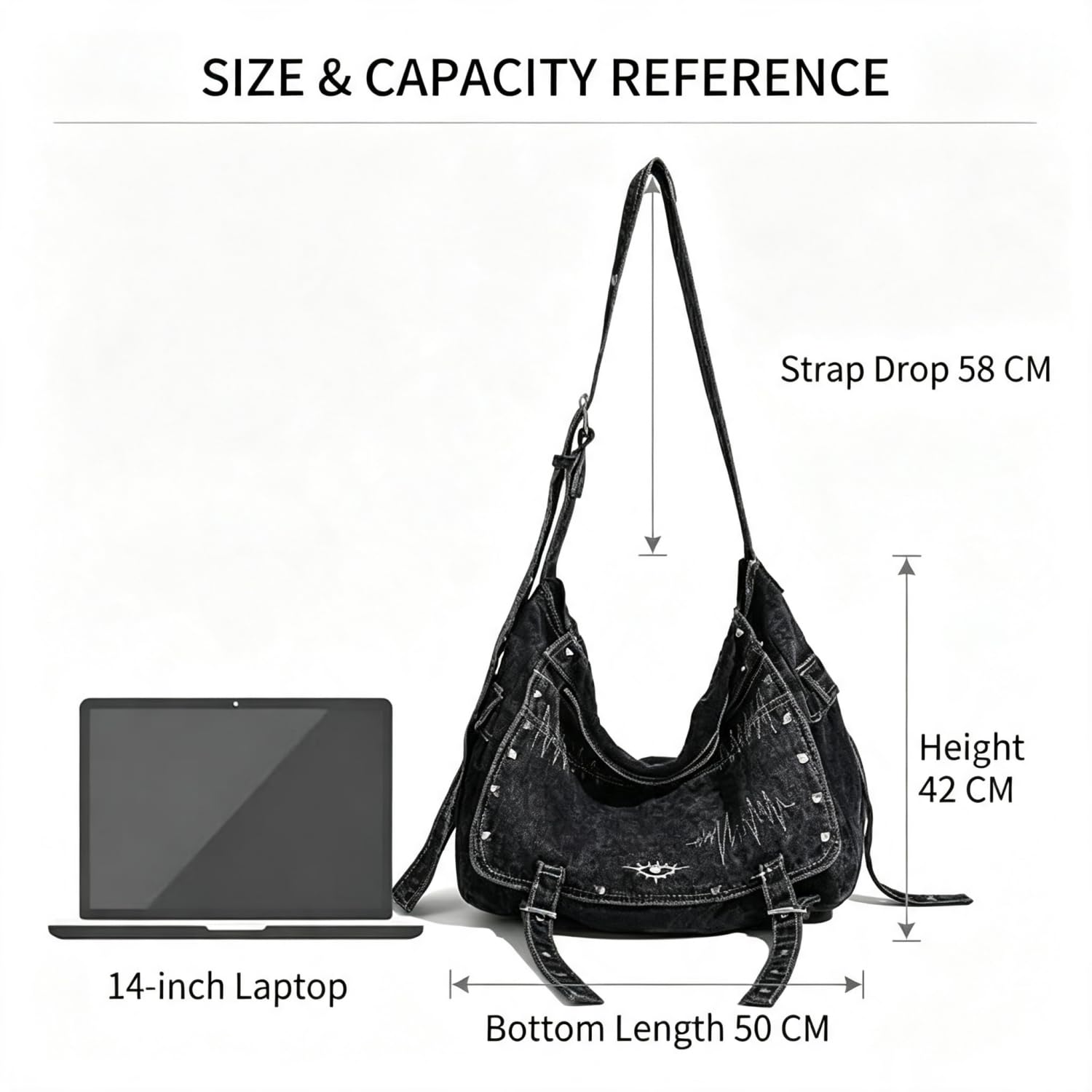 Generico Borsa Denim A Spalla, Borsa Hobo Da Donna Di Grandi Dimensioni In Tela Effetto Vissuto – Indossabile A Spalla O A Mano – Caratterizzata Da Borchie In Stile Punk Y2K