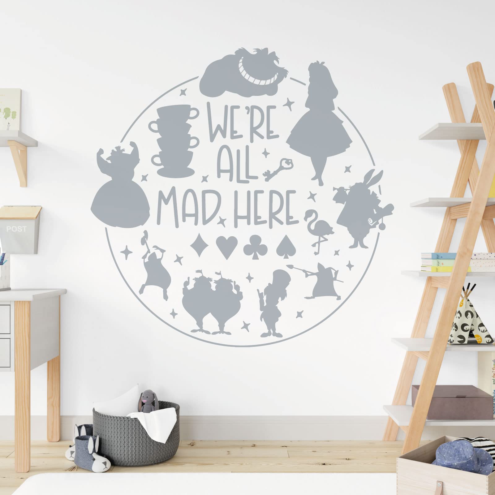 We're All Mad Here - Alice in Wonderland Story - Book Film Quote Decal Wall Sticker [Large] [Silver]