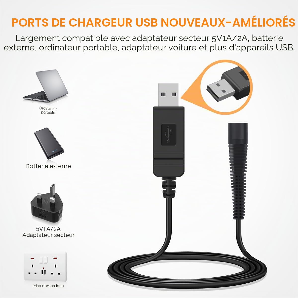 AIEVE Chargeur pour rasoir Braun, câble d'alimentation USB 12 V pour tondeuse Braun série 3, série 7, série 9, série 1, 3020S, 3080S, 760CC, 790CC, 340s, 190s, 5190cc, 5210, 9095cc