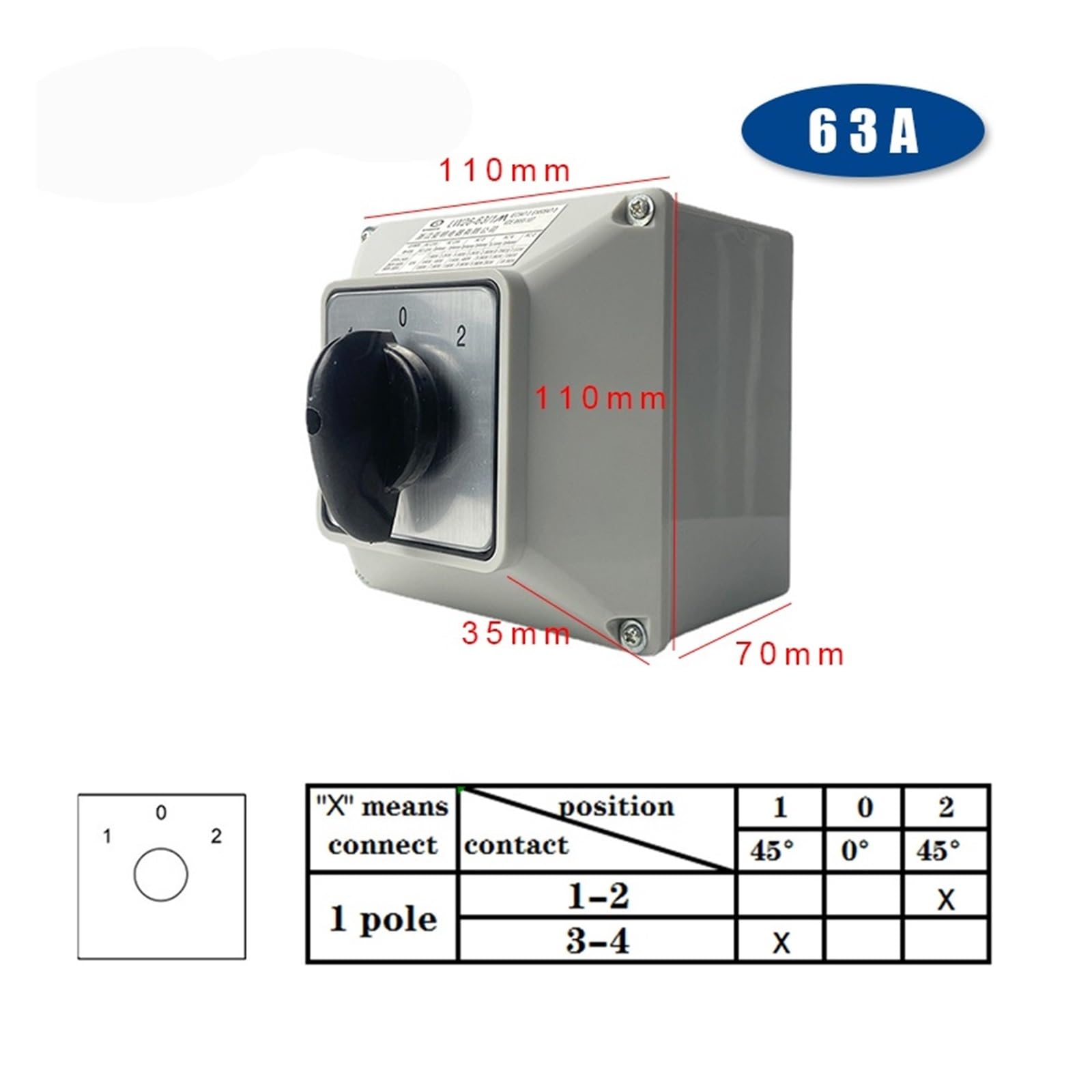 Interrupteur à Came LW26-63A avec Bouton Principal de Changement boîtier, 690V 63A, 1 pôle, boîte étanche rotative YMW26-63/1M(Only Switch 102)