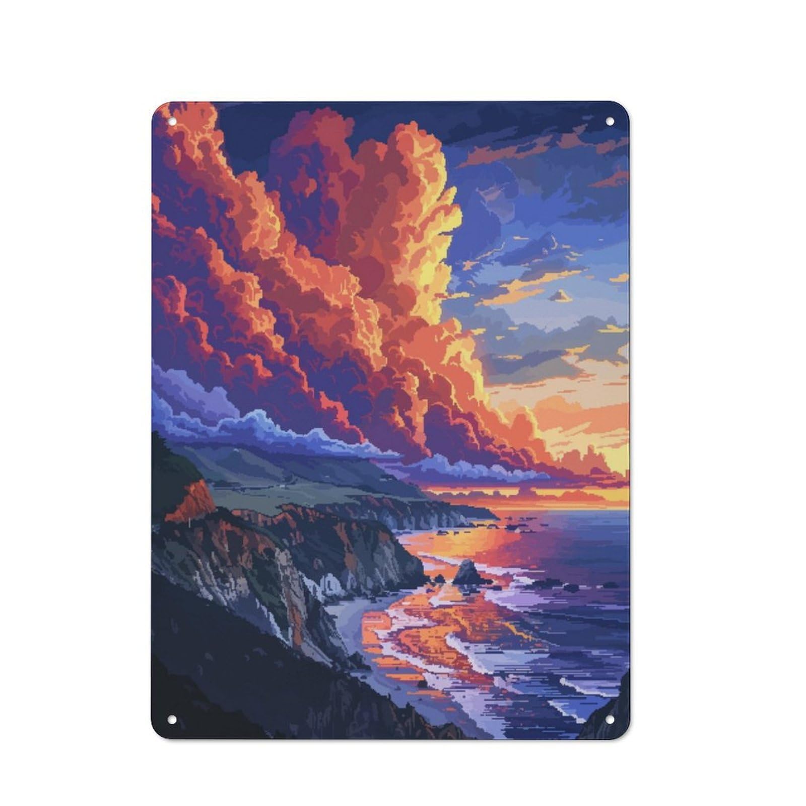 Junmoney Sunset Coast Pixel Art For Garden Room Or Summerhouse, Vintage Tin Sign 40X30cm, A Metal Wall Feature For Garden Rooms And Summerhouses