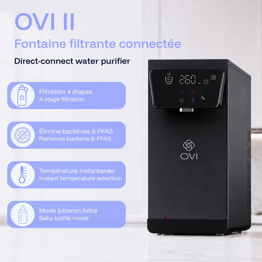OVI II Distributeur d’Eau Chaude, Froide & Tempérée Instantané | Fontaine à Eau Filtrée 4 Étapes Anti-Bactéries & PFAS | Connexion Directe | Idéal Famille & Bébé | Noir