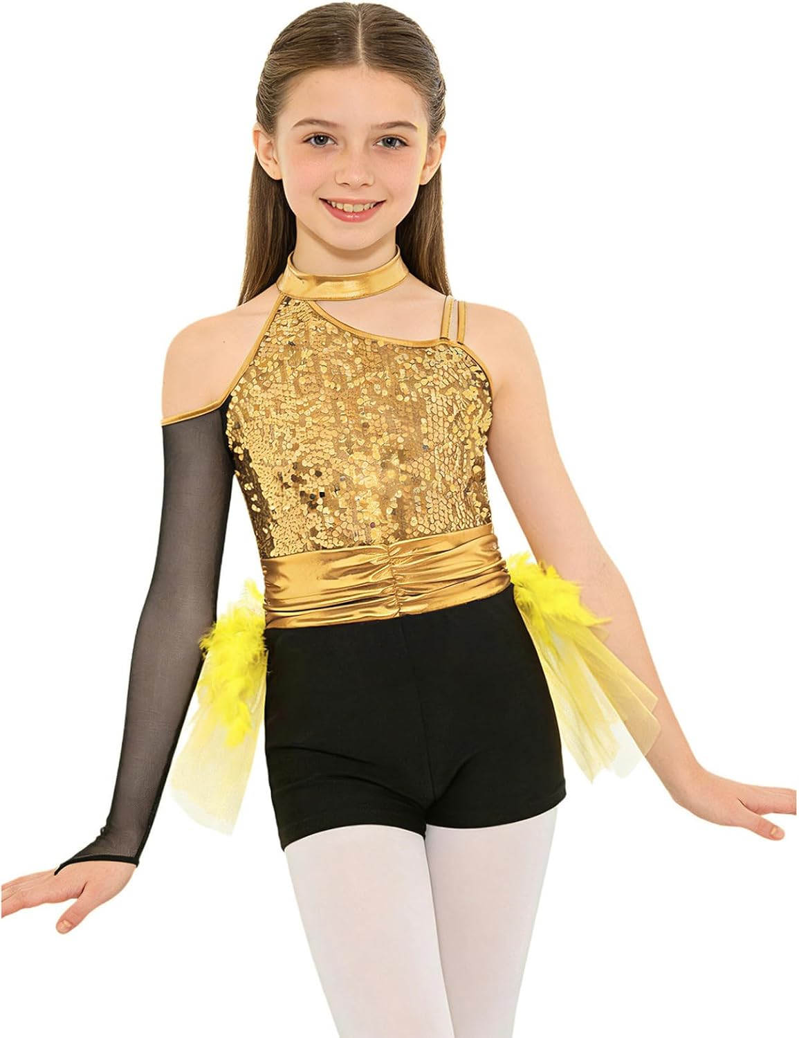 DINORMIN Girls Modern Ballet Leotard Dress Rumba Performance Costume Latin Jazz Dance Jumpsuit Feather Tulle Skirt