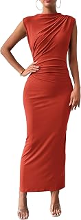 BTFBM Women's Ruched Sleeveless Bodycon Maxi Dress Back Slit Lightweight Cocktail Party Club Elegant Summer Dress