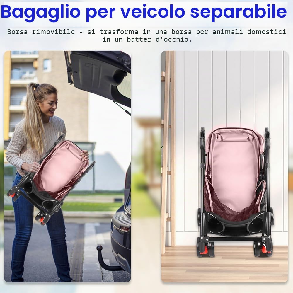 Homewell Passeggino per cani 2 in 1, con 2 portabevande, pieghevole, con freno di stazionamento, passeggino per animali domestici, 50 x 70 x 99 cm (rosa)