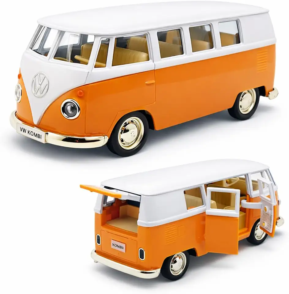 Miniatura de carro Kombi 1969 em metal, Carrinho de ferro Kombi, 1:32, 13 CM, RMZ City (Laranja e Branco)